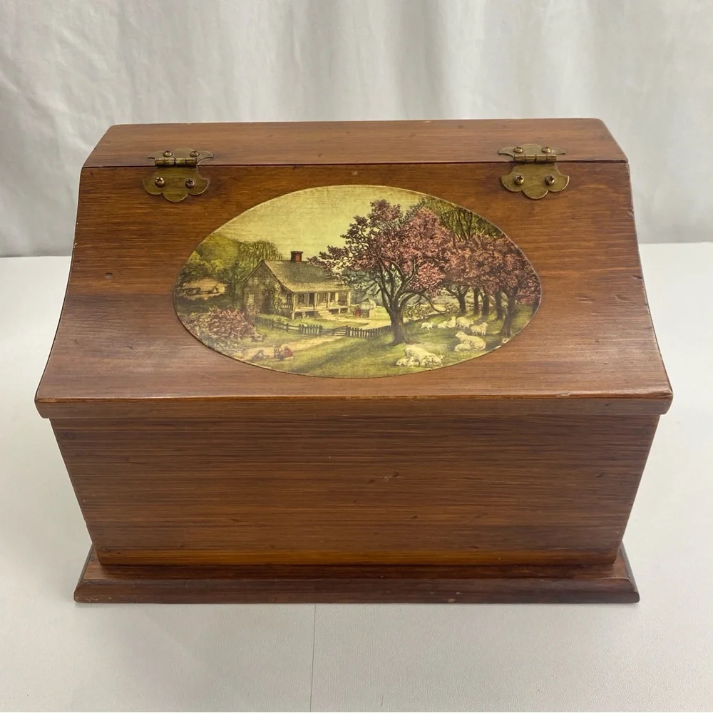 Vintage solid wood brass hinge counter storage keepsake box Currier & Ives inla